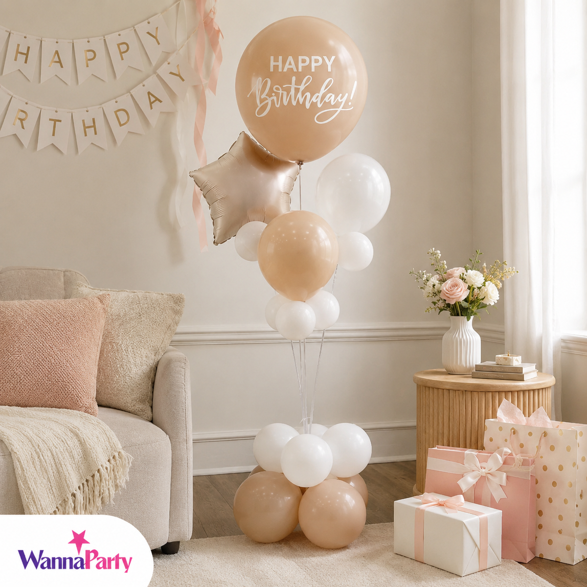 Peach and Rose Gold Happy Birthday Balloon Bouquet Stand Set - 21 Pcs | Balloons with Plum Blossom Base, Holder and Fiber Rods, Table Centerpiece Decoration for Birthday Party - 1 Set