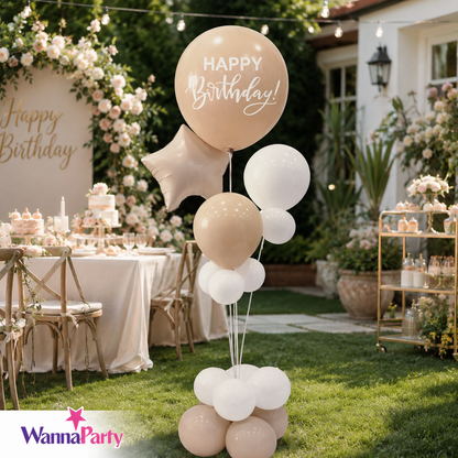 Peach and Rose Gold Happy Birthday Balloon Bouquet Stand Set - 21 Pcs | Balloons with Plum Blossom Base, Holder and Fiber Rods, Table Centerpiece Decoration for Birthday Party - 1 Set