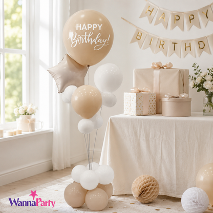 Peach and Rose Gold Happy Birthday Balloon Bouquet Stand Set - 21 Pcs | Balloons with Plum Blossom Base, Holder and Fiber Rods, Table Centerpiece Decoration for Birthday Party - 1 Set