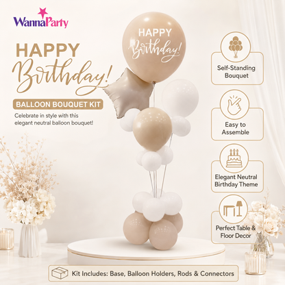 Peach and Rose Gold Happy Birthday Balloon Bouquet Stand Set - 21 Pcs | Balloons with Plum Blossom Base, Holder and Fiber Rods, Table Centerpiece Decoration for Birthday Party - 1 Set