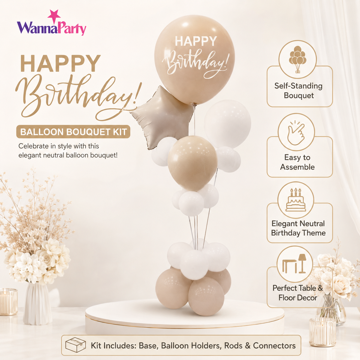 Peach and Rose Gold Happy Birthday Balloon Bouquet Stand Set - 21 Pcs | Balloons with Plum Blossom Base, Holder and Fiber Rods, Table Centerpiece Decoration for Birthday Party - 1 Set