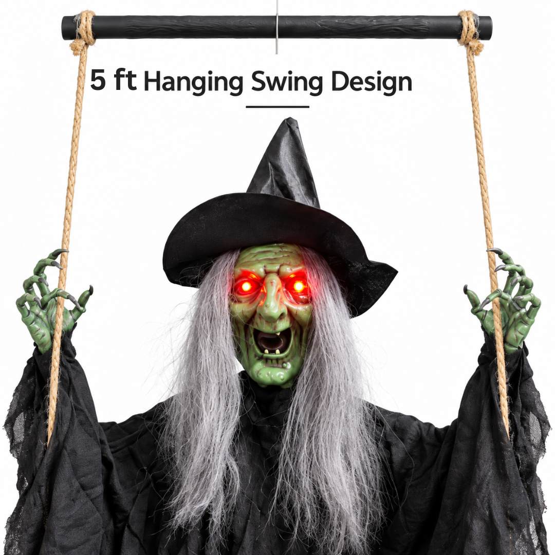 Green Haired Light Up Witch on a Swing with Light & Sound