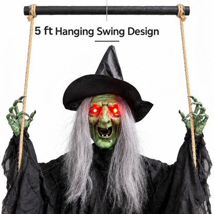 Green Haired Light Up Witch on a Swing with Light & Sound
