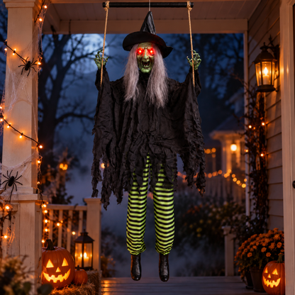Green Haired Light Up Witch on a Swing with Light & Sound