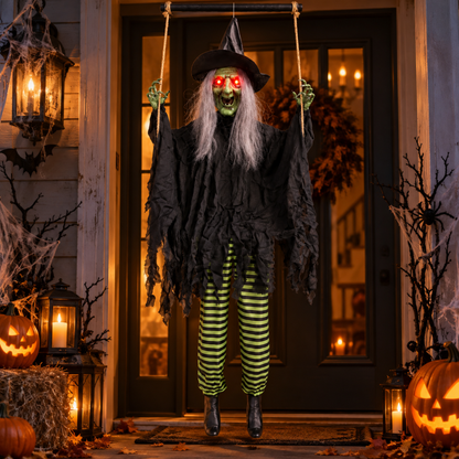 Green Haired Light Up Witch on a Swing with Light & Sound