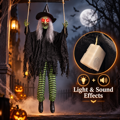 Green Haired Light Up Witch on a Swing with Light & Sound