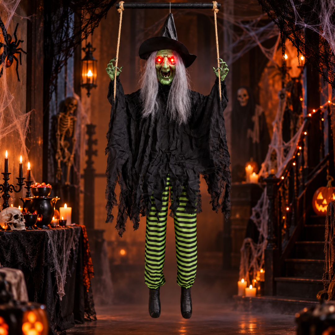 Green Haired Light Up Witch on a Swing with Light & Sound