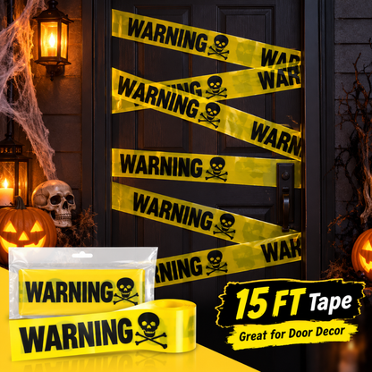 Warning Skull Tape Yellow & Black - 15FT | Halloween Caution Tape for Door, Wall & Haunted House Decoration