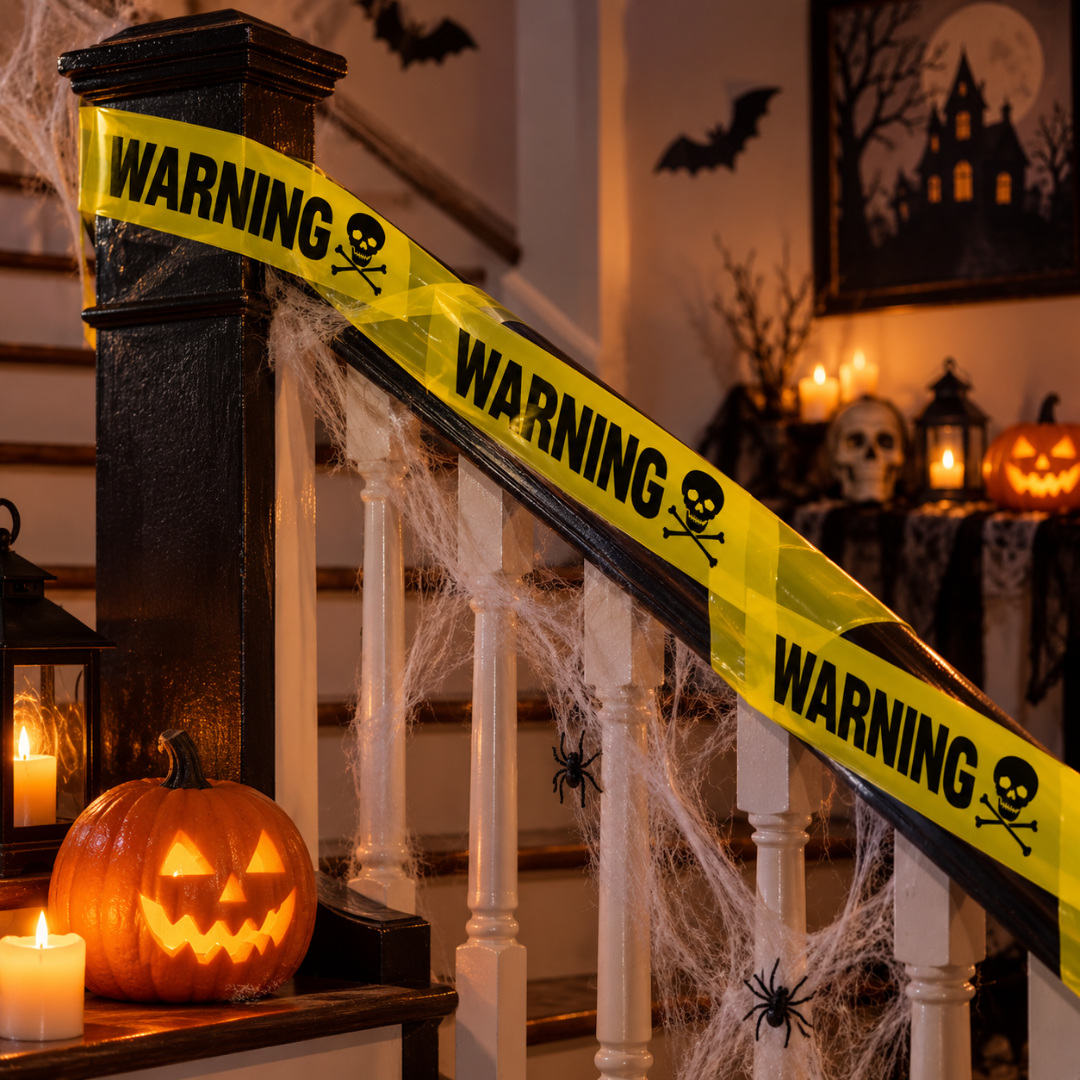 Warning Skull Tape Yellow & Black - 15FT | Halloween Caution Tape for Door, Wall & Haunted House Decoration
