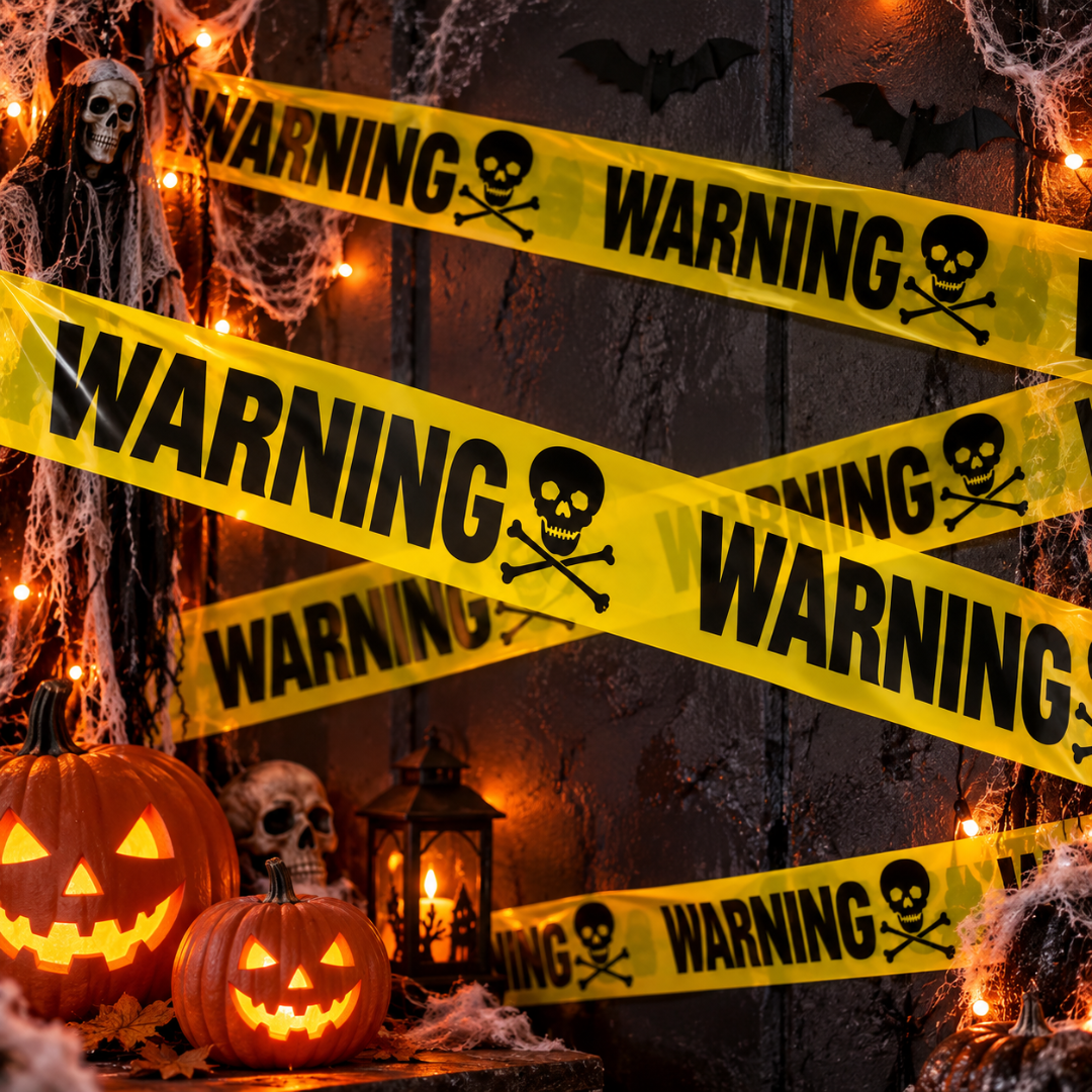 Warning Skull Tape Yellow & Black - 15FT | Halloween Caution Tape for Door, Wall & Haunted House Decoration