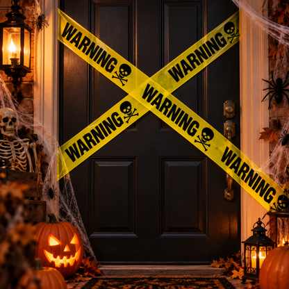 Warning Skull Tape Yellow & Black - 15FT | Halloween Caution Tape for Door, Wall & Haunted House Decoration