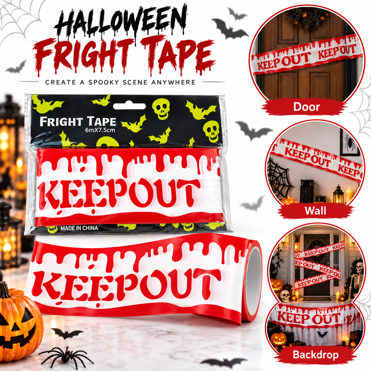 Bloody Keep Out Tape Red & White - 15FT | Halloween Caution Tape for Door, Wall & Haunted House Decoration