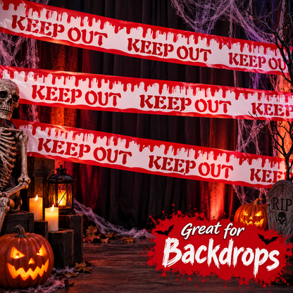 Bloody Keep Out Tape Red & White - 15FT | Halloween Caution Tape for Door, Wall & Haunted House Decoration