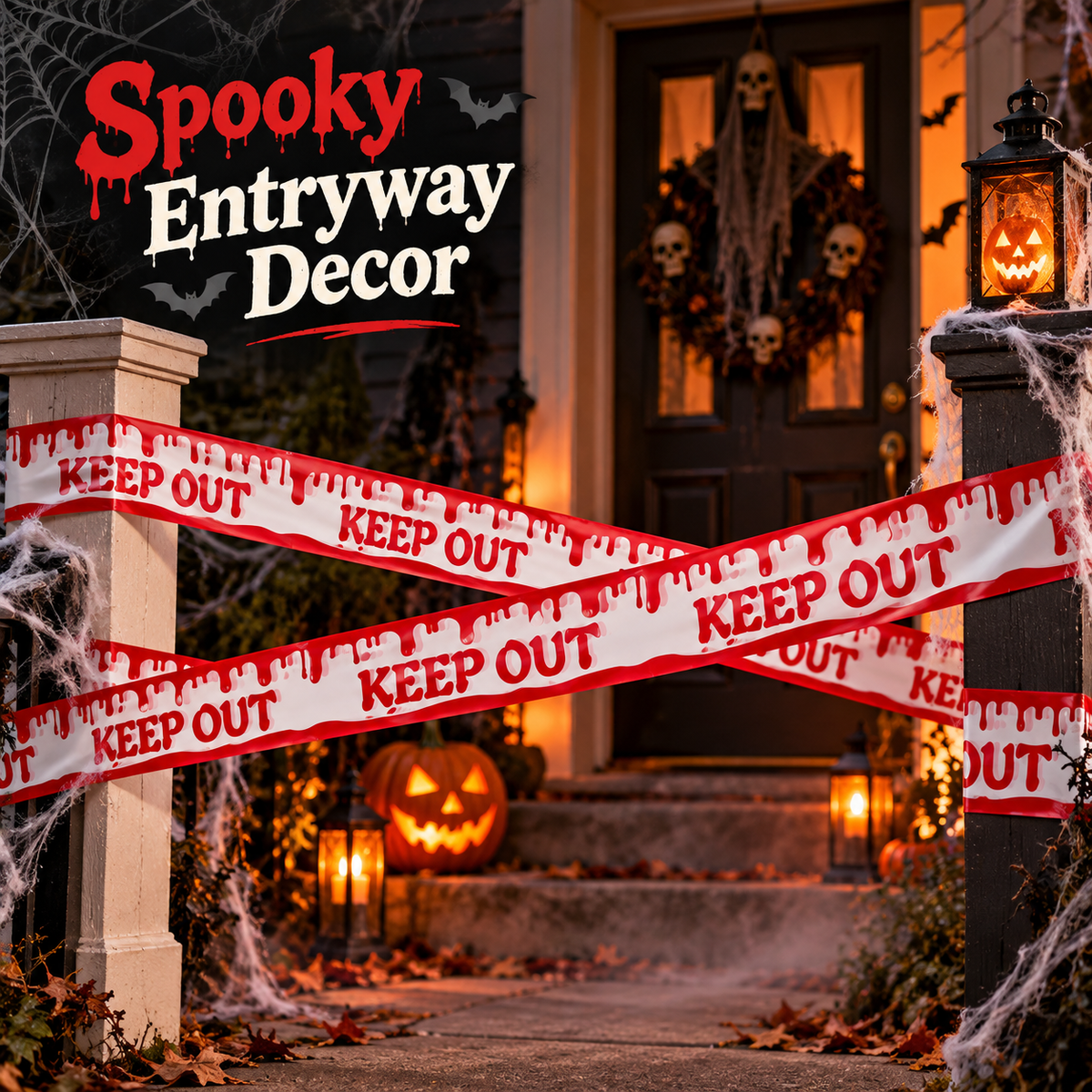Bloody Keep Out Tape Red & White - 15FT | Halloween Caution Tape for Door, Wall & Haunted House Decoration