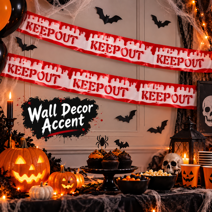 Bloody Keep Out Tape Red & White - 15FT | Halloween Caution Tape for Door, Wall & Haunted House Decoration
