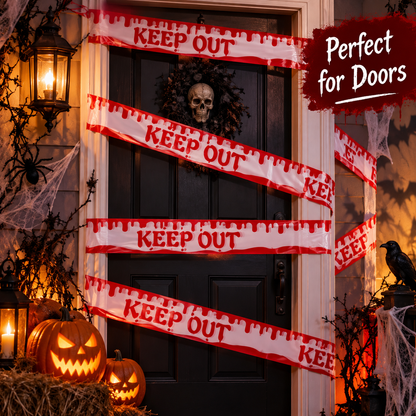 Bloody Keep Out Tape Red & White - 15FT | Halloween Caution Tape for Door, Wall & Haunted House Decoration