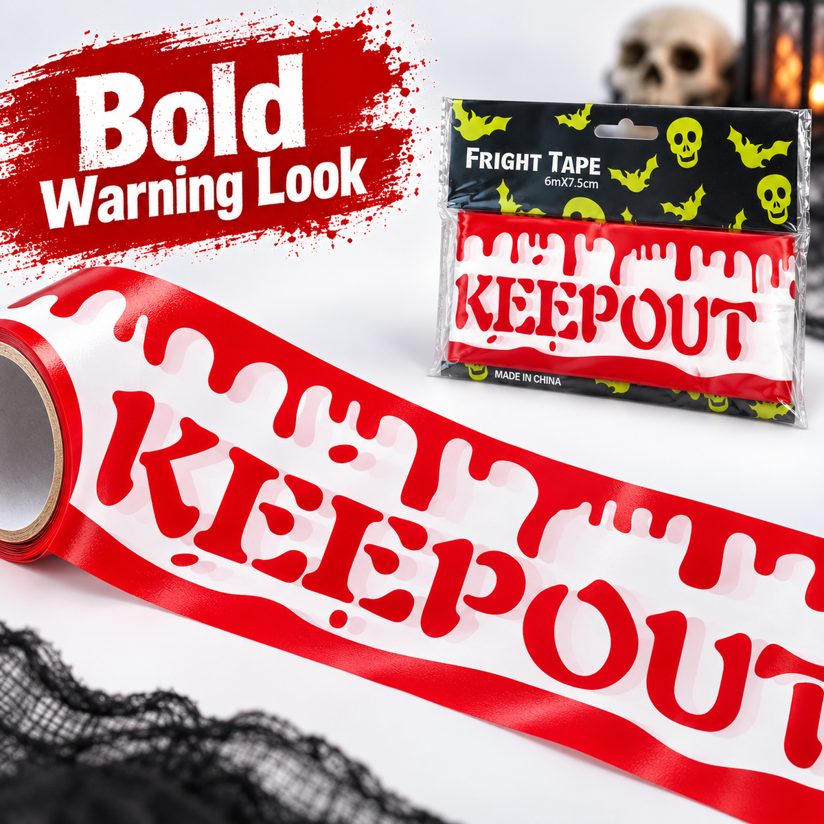 Bloody Keep Out Tape Red & White - 15FT | Halloween Caution Tape for Door, Wall & Haunted House Decoration