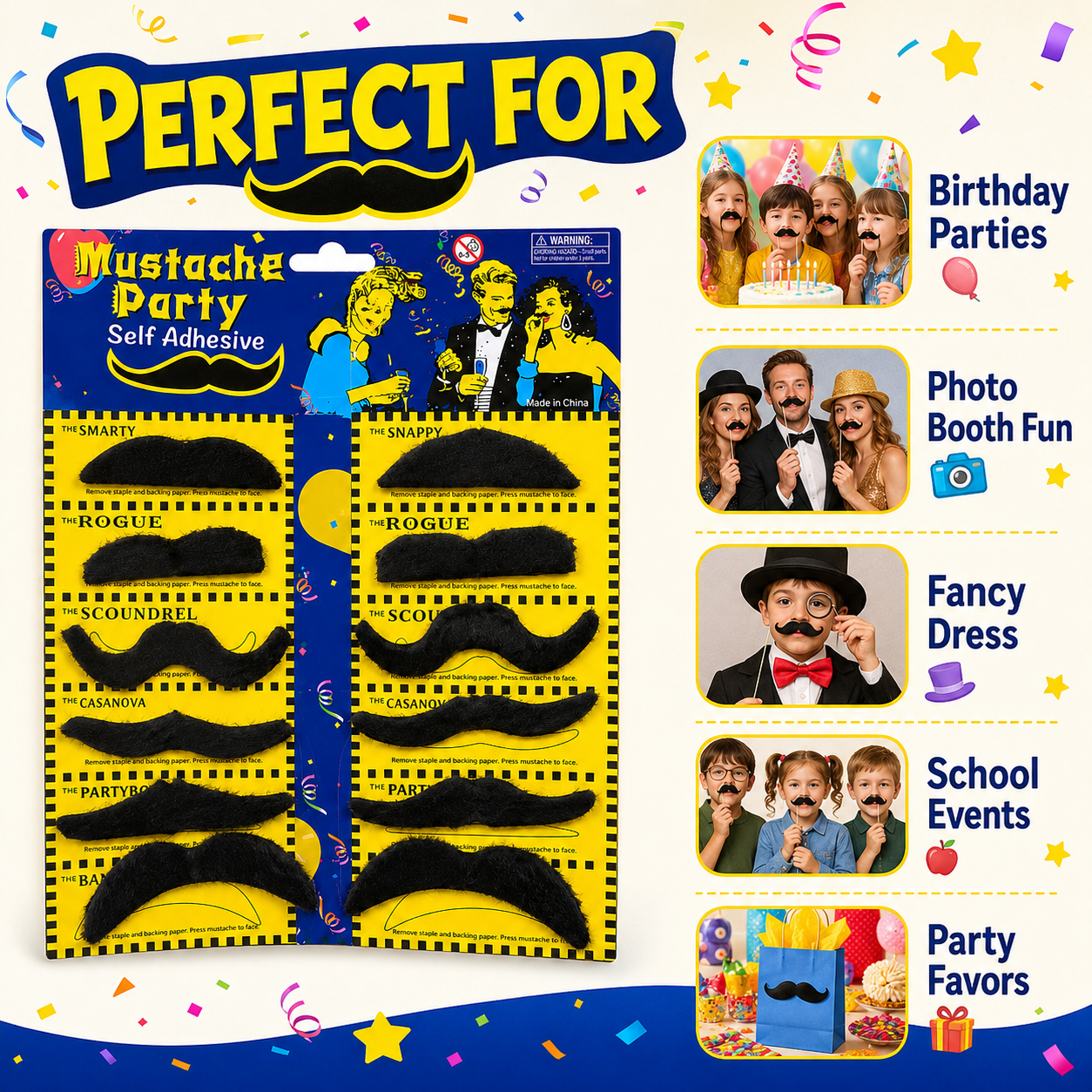 Fake Moustaches Black - 12PC