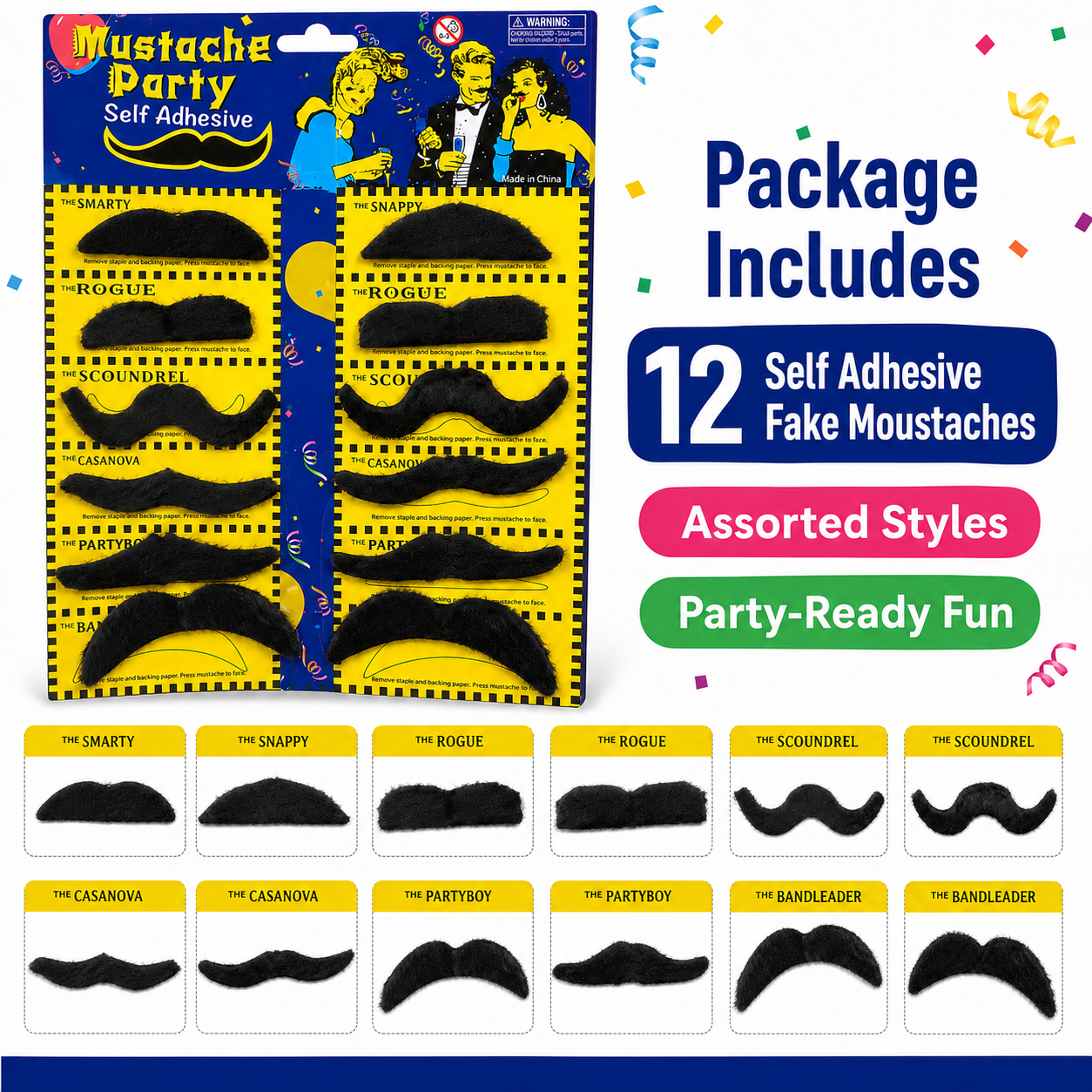 Fake Moustaches Black - 12PC