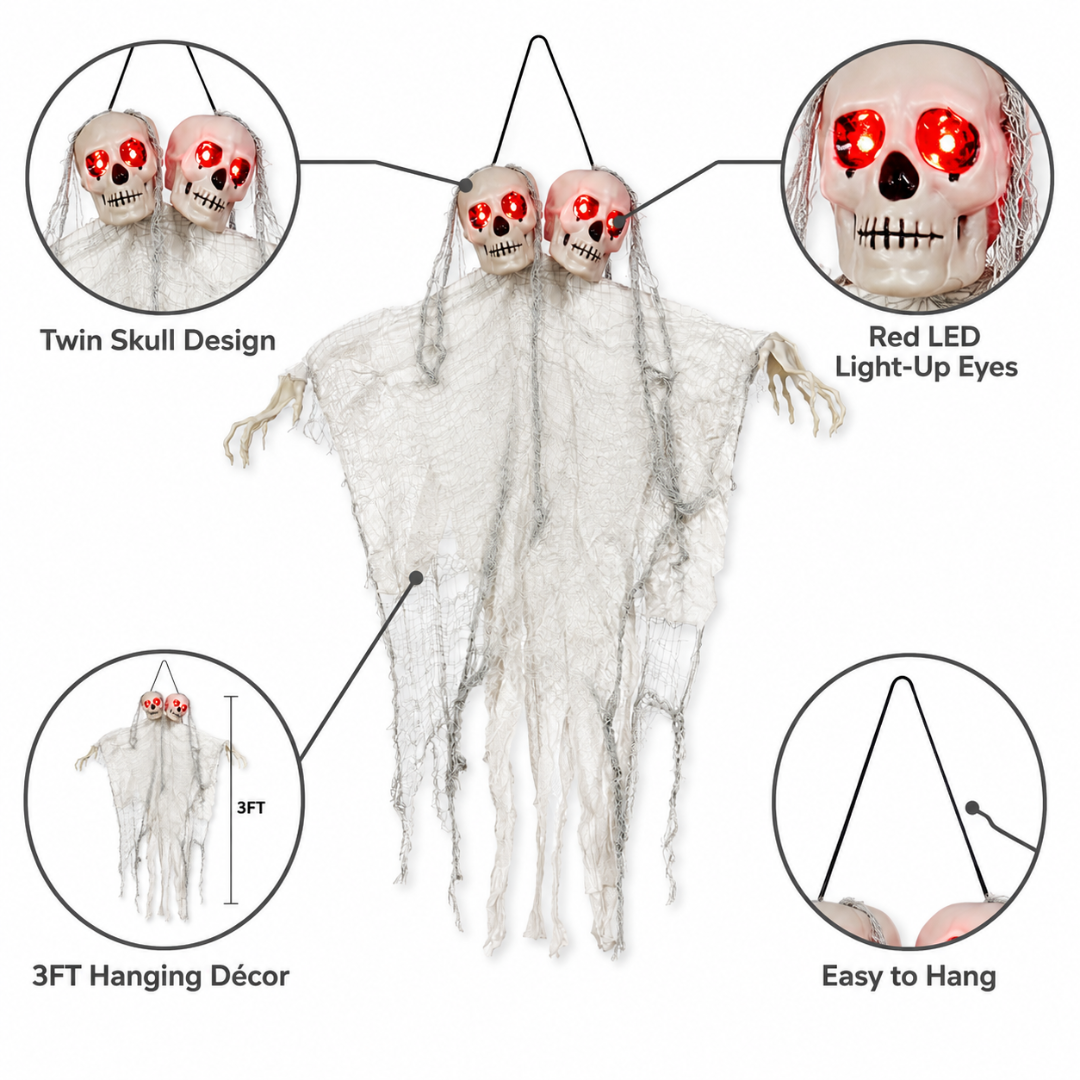 Twin Skull Duo Light Up Hanging Halloween Decoration - 3FT