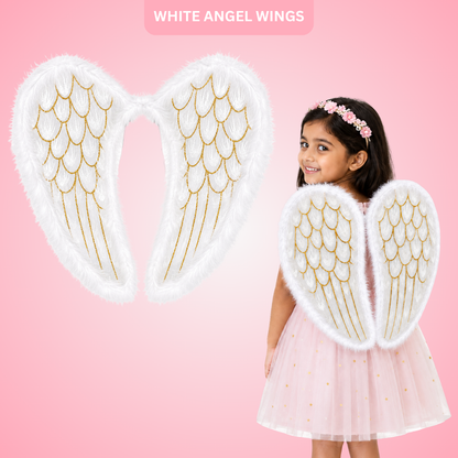 White Angel Wings for Kids |  Gold Feather Print Costume Wings with Soft Fluffy Trim - 1PC