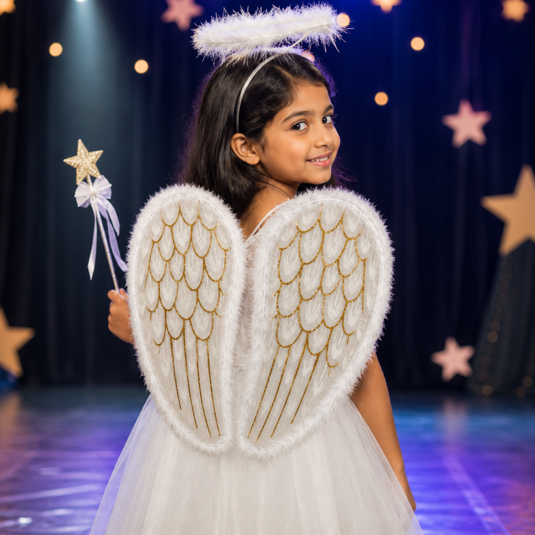 White Angel Wings for Kids |  Gold Feather Print Costume Wings with Soft Fluffy Trim - 1PC