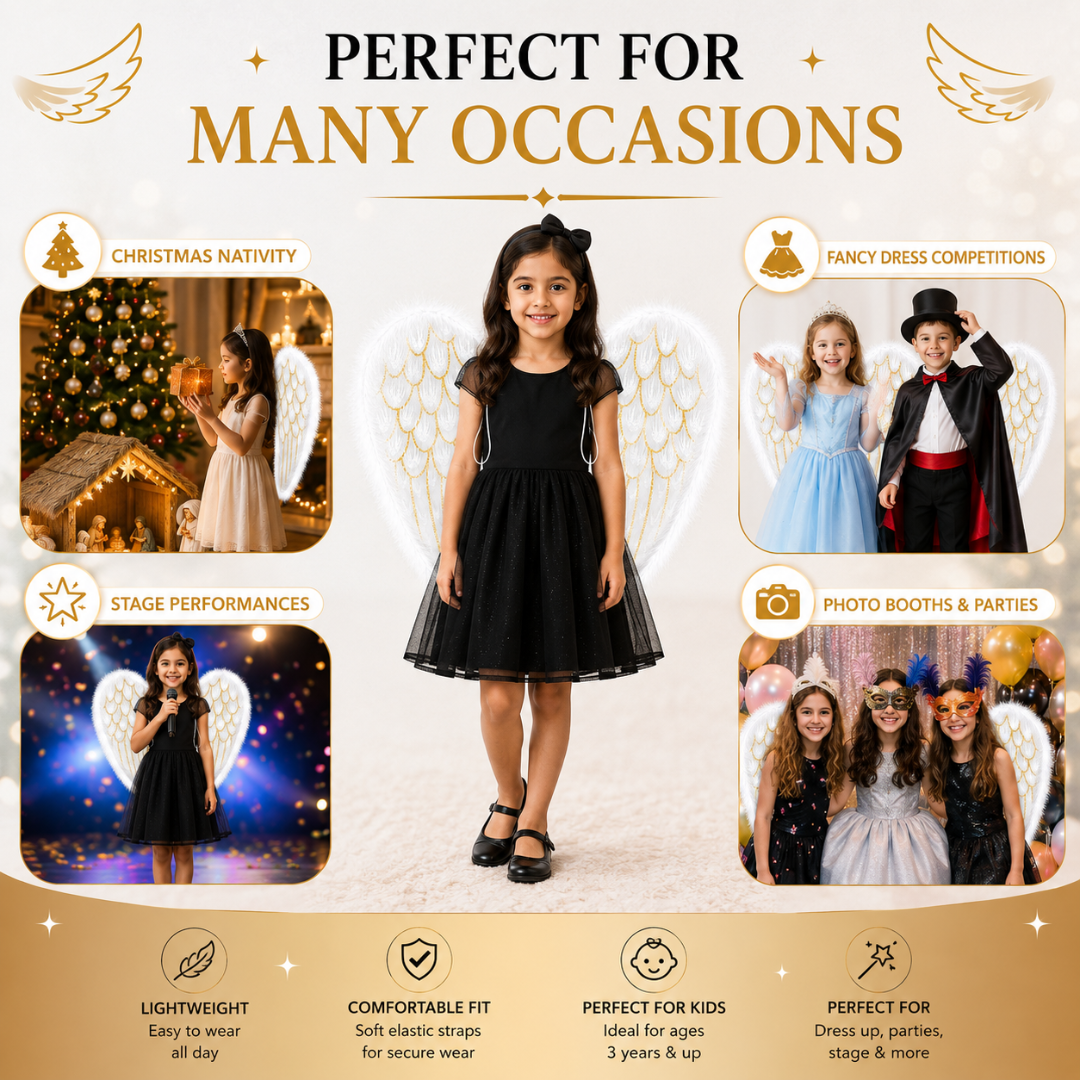 White Angel Wings for Kids |  Gold Feather Print Costume Wings with Soft Fluffy Trim - 1PC