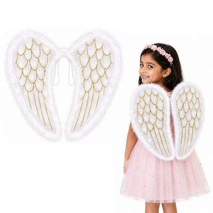 White Angel Wings for Kids |  Gold Feather Print Costume Wings with Soft Fluffy Trim - 1PC