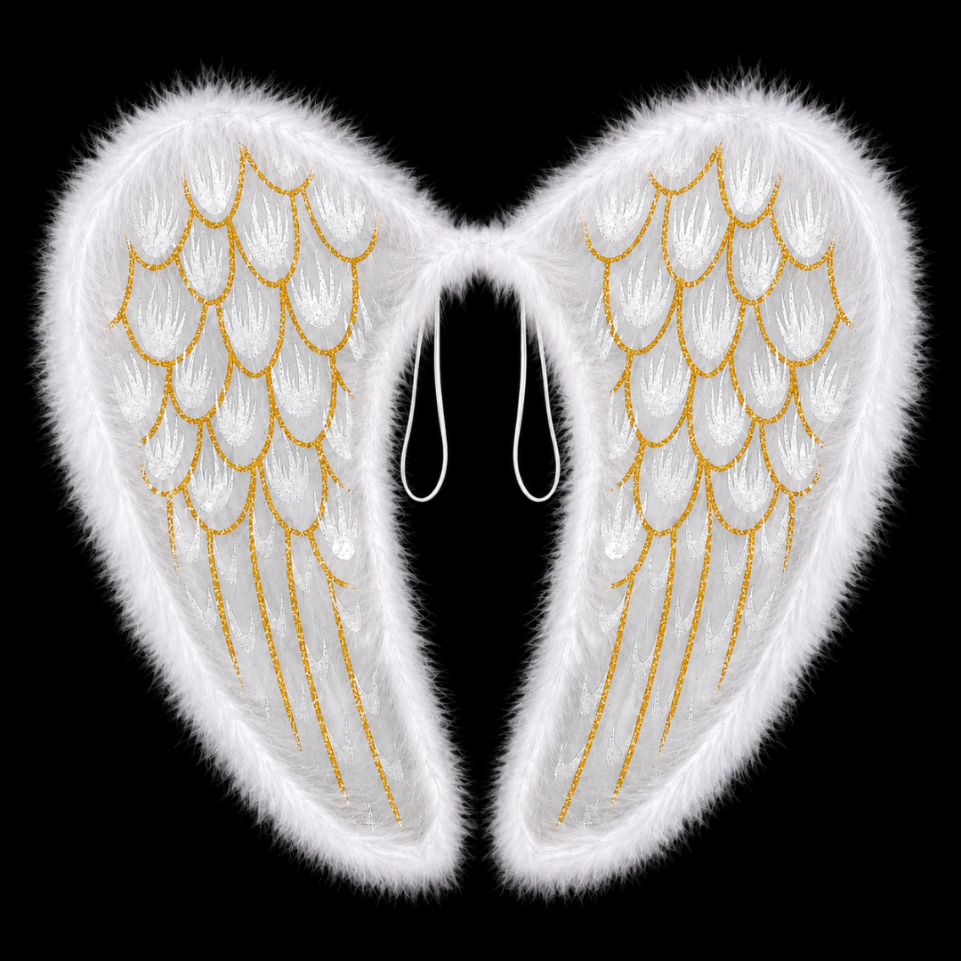White Angel Wings for Kids |  Gold Feather Print Costume Wings with Soft Fluffy Trim - 1PC