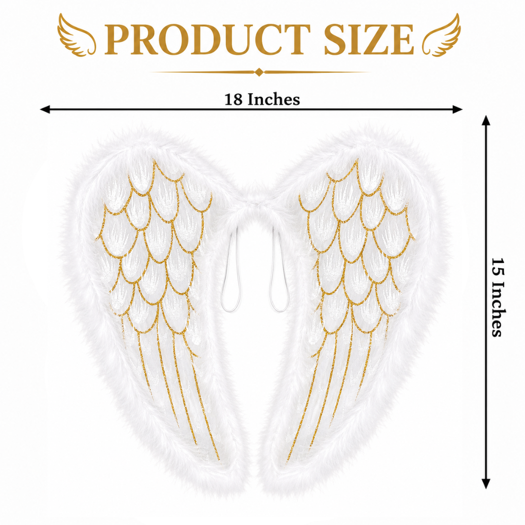 White Angel Wings for Kids |  Gold Feather Print Costume Wings with Soft Fluffy Trim - 1PC
