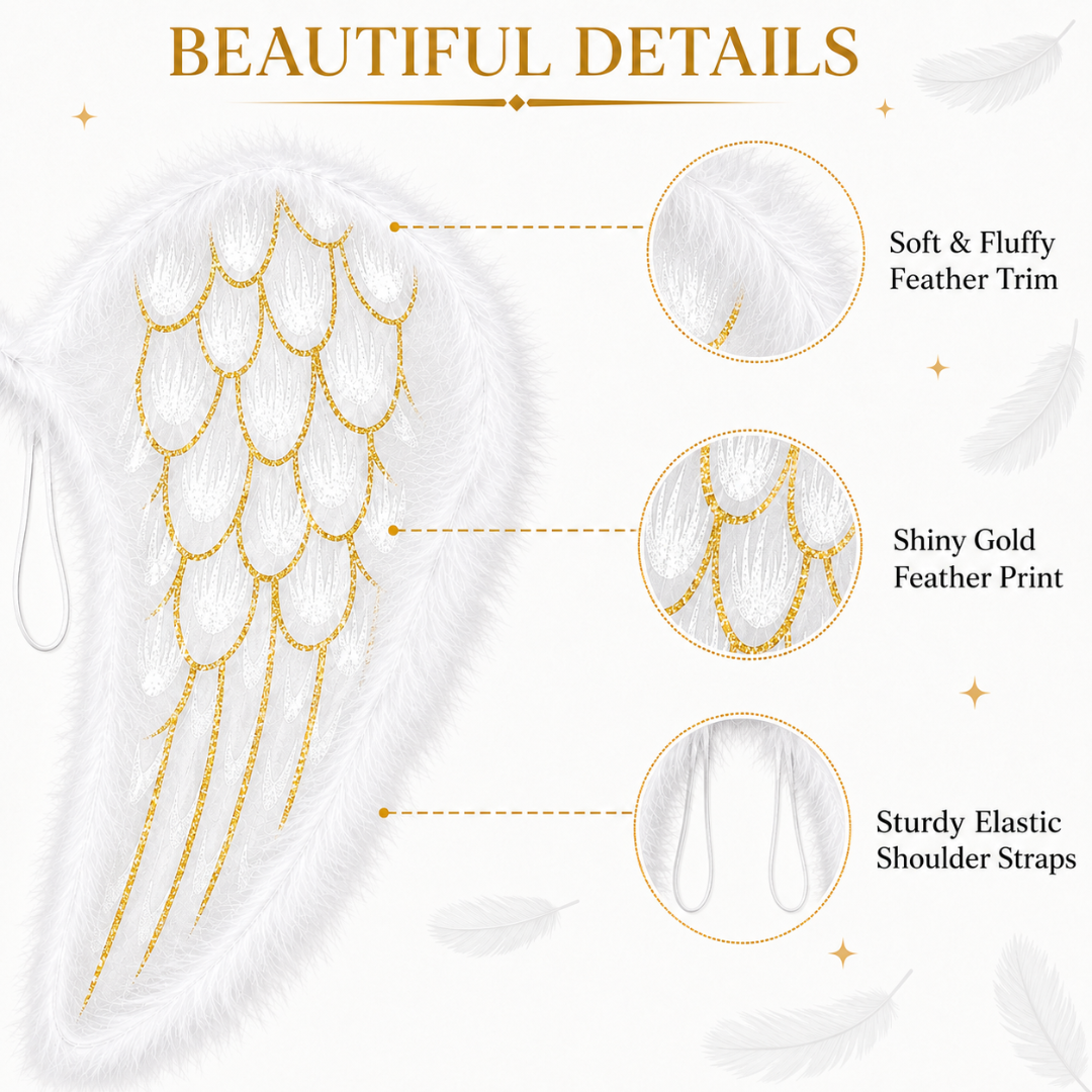 White Angel Wings for Kids |  Gold Feather Print Costume Wings with Soft Fluffy Trim - 1PC