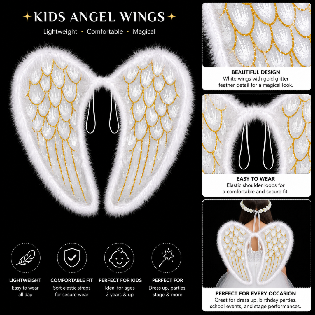 White Angel Wings for Kids |  Gold Feather Print Costume Wings with Soft Fluffy Trim - 1PC