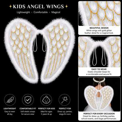 White Angel Wings for Kids |  Gold Feather Print Costume Wings with Soft Fluffy Trim - 1PC
