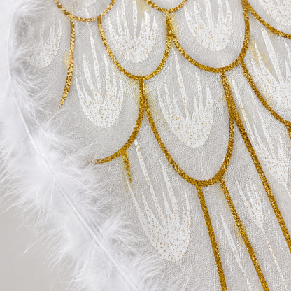 White Angel Wings for Kids |  Gold Feather Print Costume Wings with Soft Fluffy Trim - 1PC