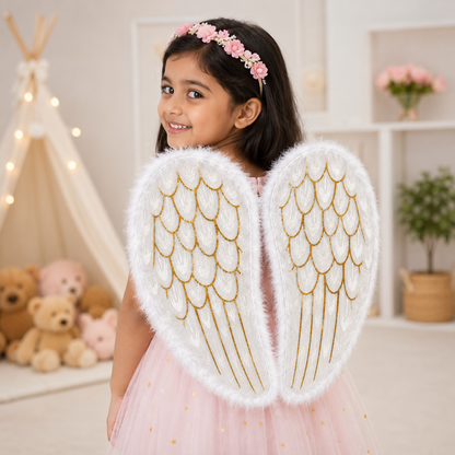White Angel Wings for Kids |  Gold Feather Print Costume Wings with Soft Fluffy Trim - 1PC