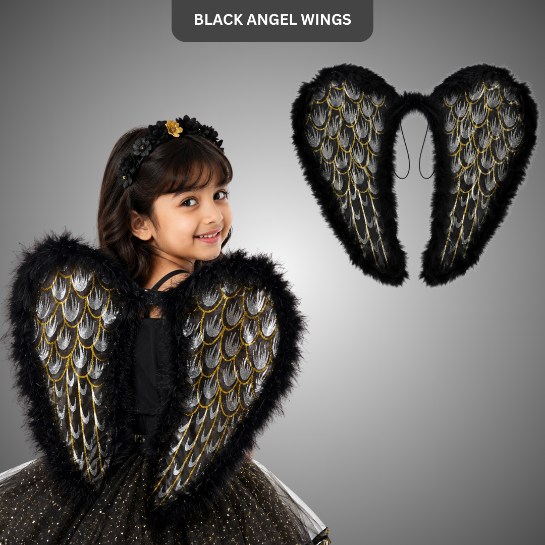 Black Angel Wings for Kids |  Gold Feather Print Costume Wings with Soft Fluffy Trim - 1PC