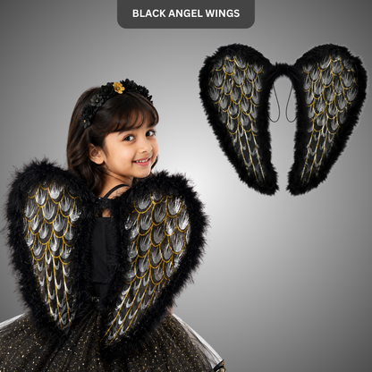 Black Angel Wings for Kids |  Gold Feather Print Costume Wings with Soft Fluffy Trim - 1PC
