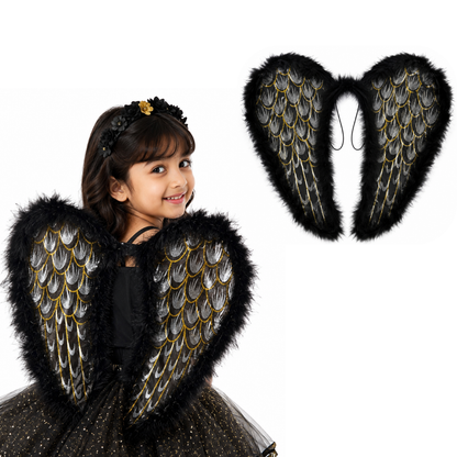 Black Angel Wings for Kids |  Gold Feather Print Costume Wings with Soft Fluffy Trim - 1PC
