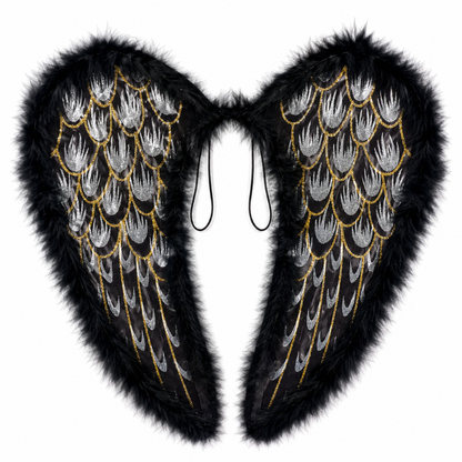 Black Angel Wings for Kids |  Gold Feather Print Costume Wings with Soft Fluffy Trim - 1PC