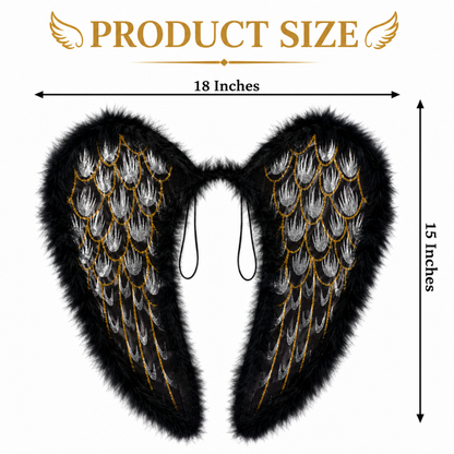 Black Angel Wings for Kids |  Gold Feather Print Costume Wings with Soft Fluffy Trim - 1PC
