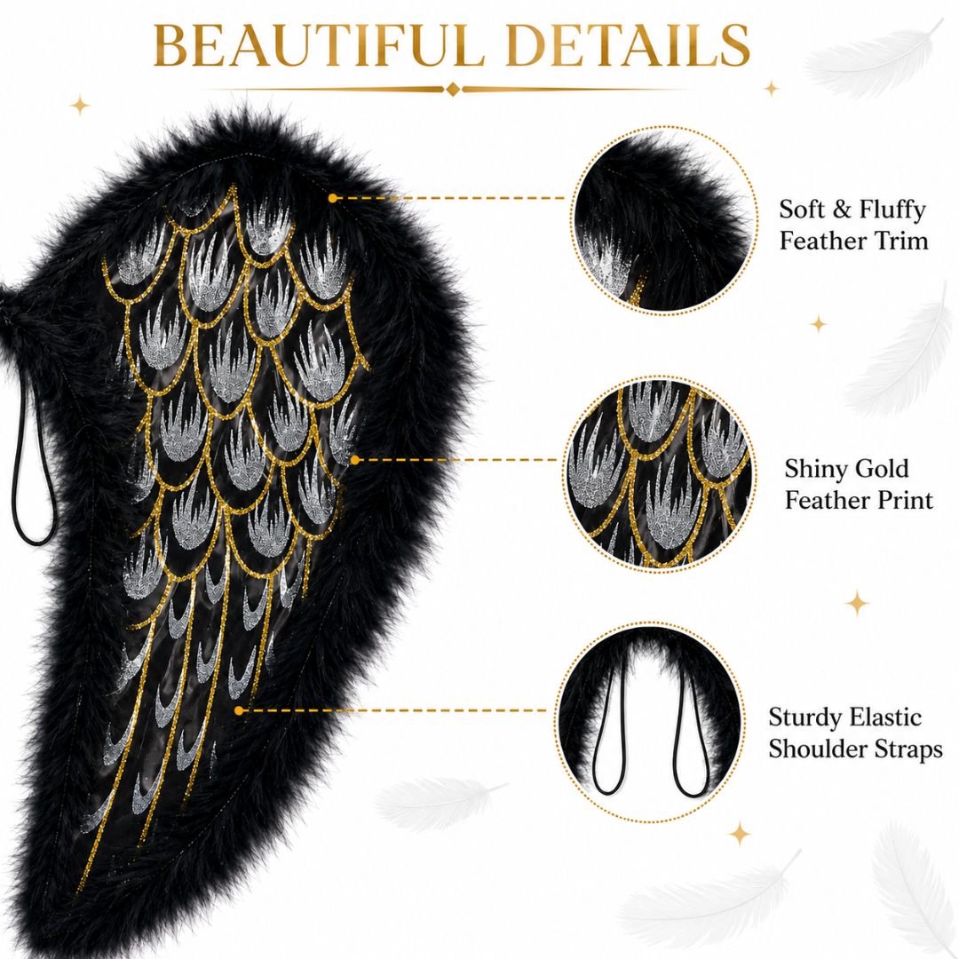 Black Angel Wings for Kids |  Gold Feather Print Costume Wings with Soft Fluffy Trim - 1PC