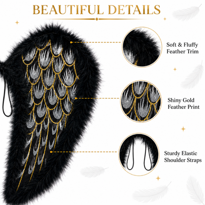 Black Angel Wings for Kids |  Gold Feather Print Costume Wings with Soft Fluffy Trim - 1PC