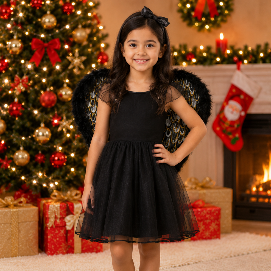 Black Angel Wings for Kids |  Gold Feather Print Costume Wings with Soft Fluffy Trim - 1PC