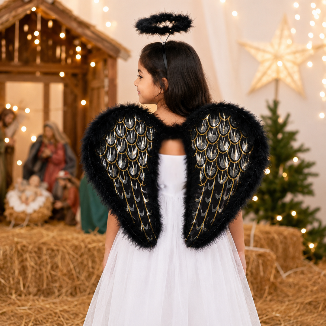 Black Angel Wings for Kids |  Gold Feather Print Costume Wings with Soft Fluffy Trim - 1PC