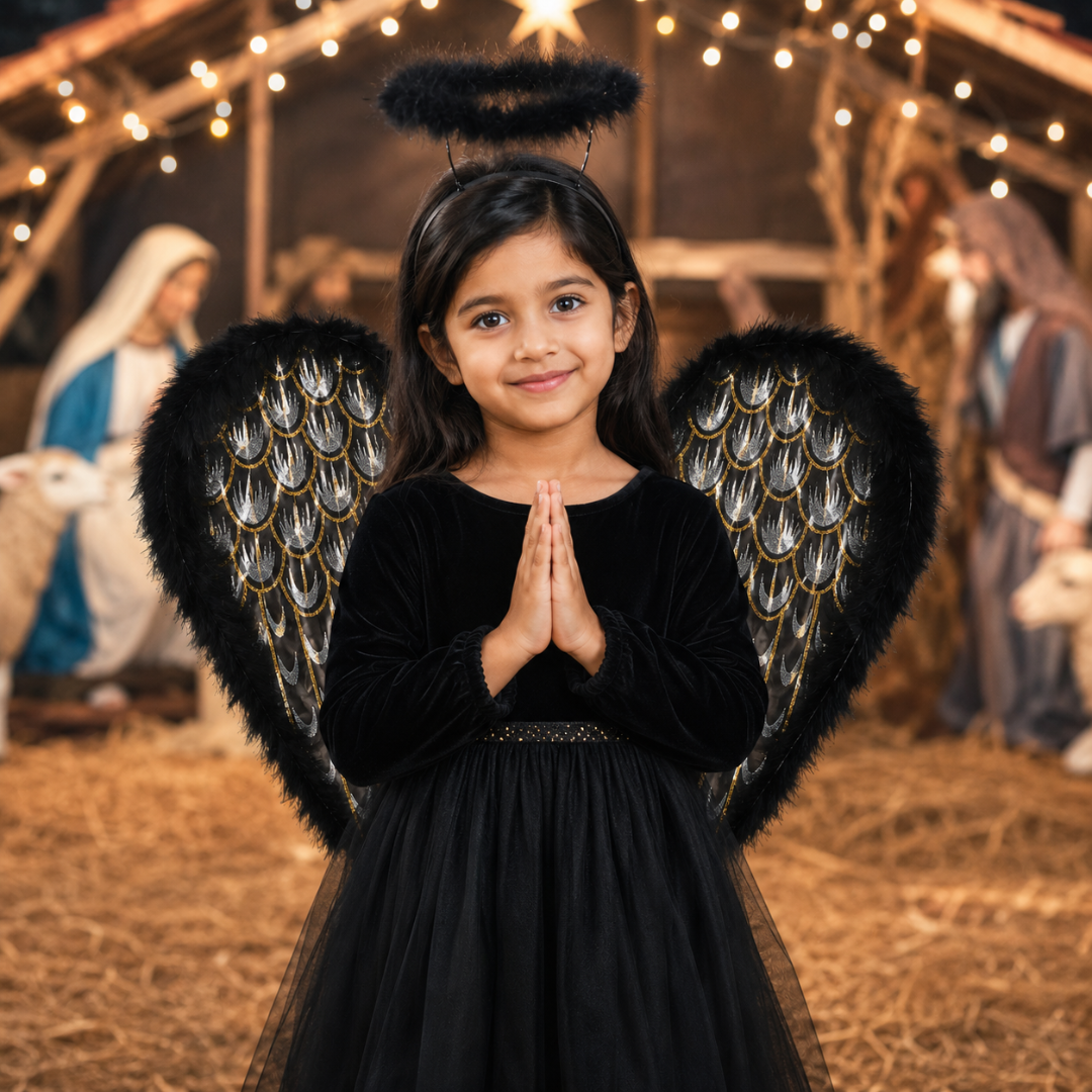 Black Angel Wings for Kids |  Gold Feather Print Costume Wings with Soft Fluffy Trim - 1PC