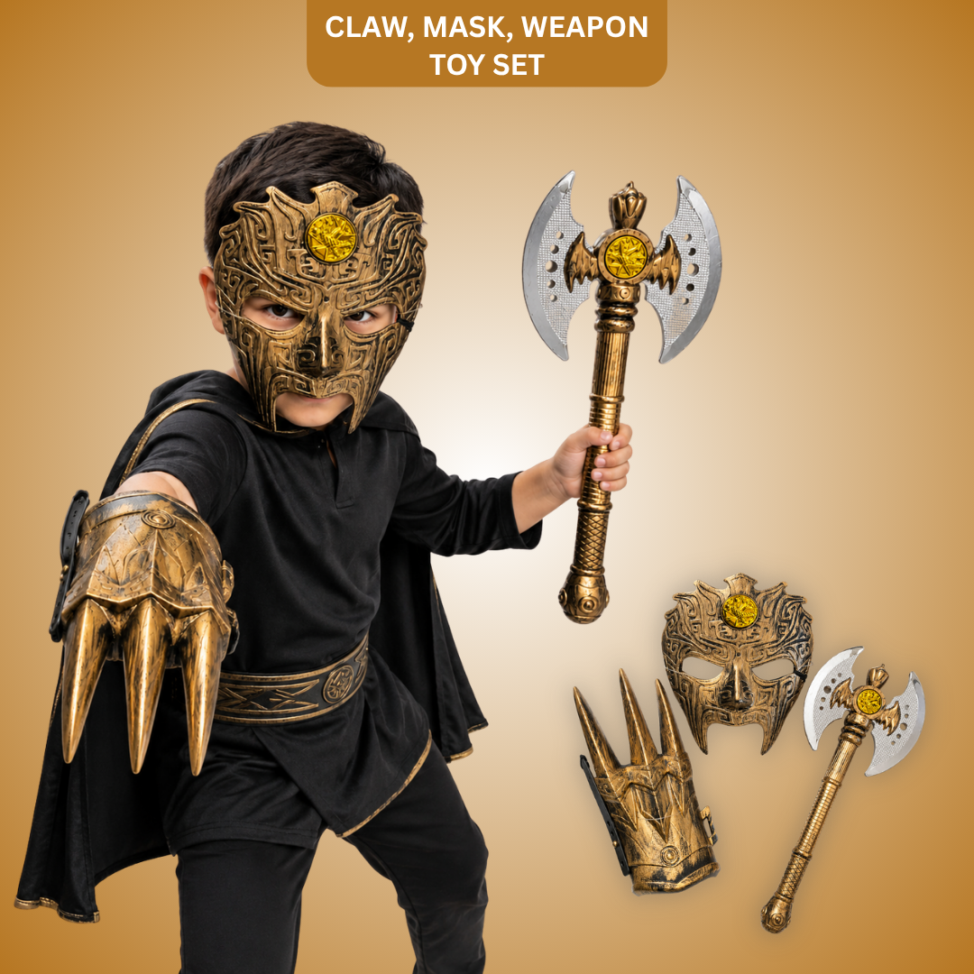 Ancient Warrior Costume Set for Kids with Battle Mask, Armour Glove & Double Head Axe Toy Props - 3PC Set