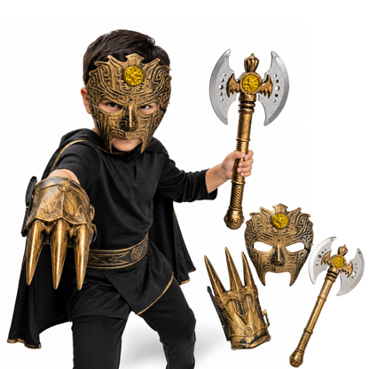Ancient Warrior Costume Set for Kids with Battle Mask, Armour Glove & Double Head Axe Toy Props - 3PC Set