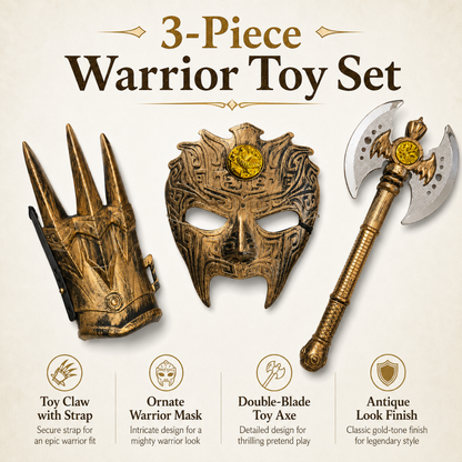 Ancient Warrior Costume Set for Kids with Battle Mask, Armour Glove & Double Head Axe Toy Props - 3PC Set