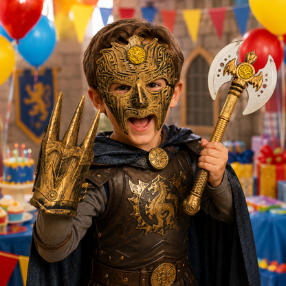 Ancient Warrior Costume Set for Kids with Battle Mask, Armour Glove & Double Head Axe Toy Props - 3PC Set
