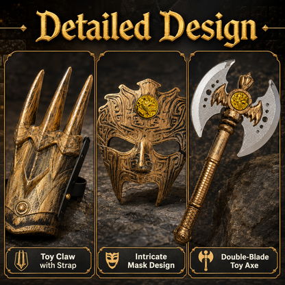 Ancient Warrior Costume Set for Kids with Battle Mask, Armour Glove & Double Head Axe Toy Props - 3PC Set
